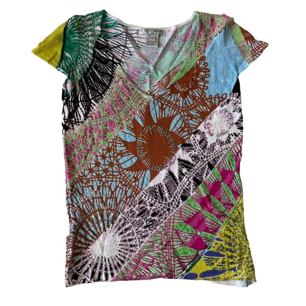 Alberto Makali Beaded Blouse Colorful Vibrant Abstract Geometric Sequin M Y2K